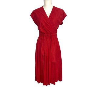 Vintage 70s Red Wrap Short Sleeve Midi Faux Suede Dress Medium